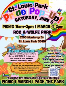 Brightly-colored poster for the pride event, which has event details available in the body of this post.